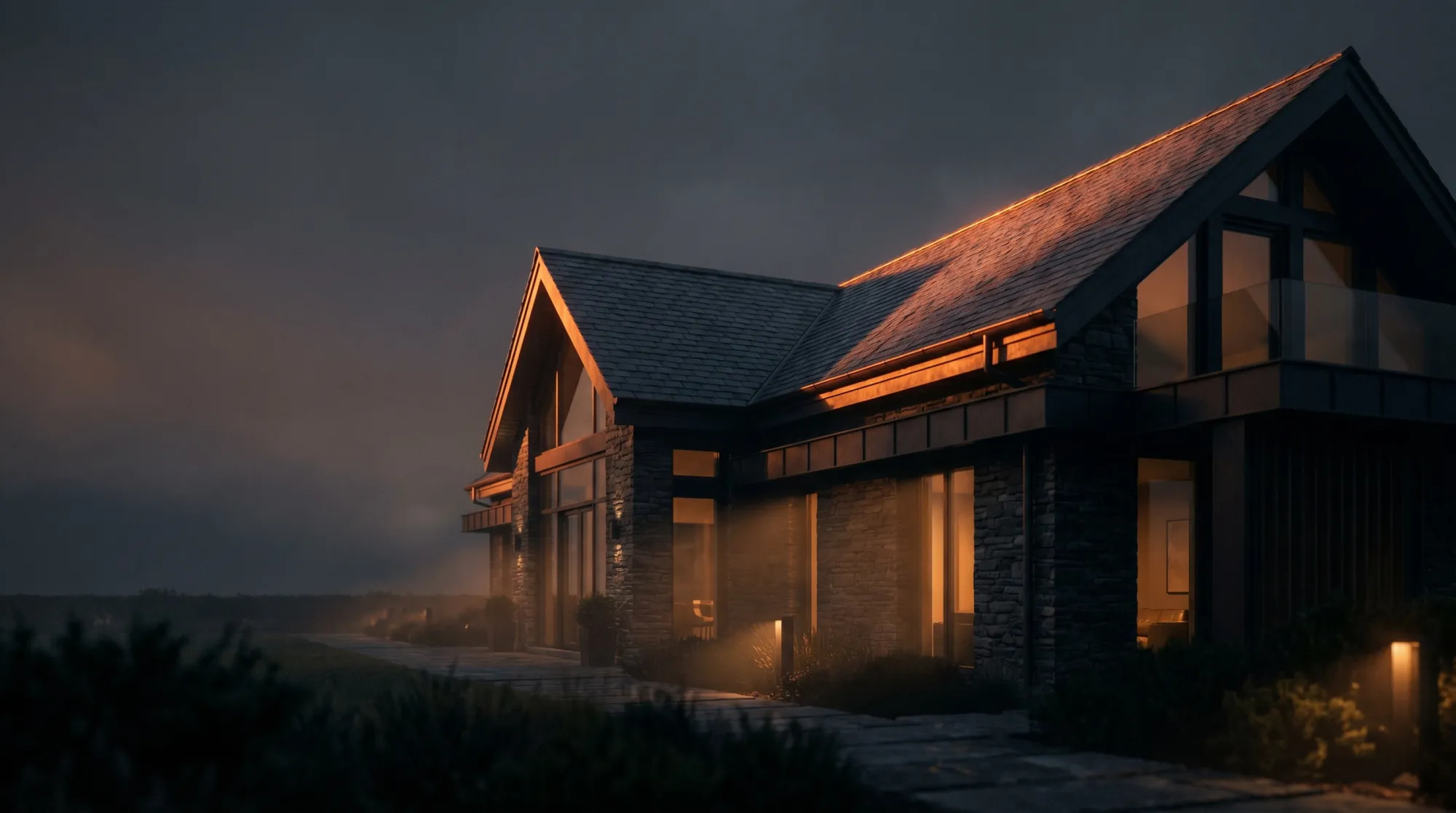 A premium home at dusk with a flawless dark roofline catching the last molten light